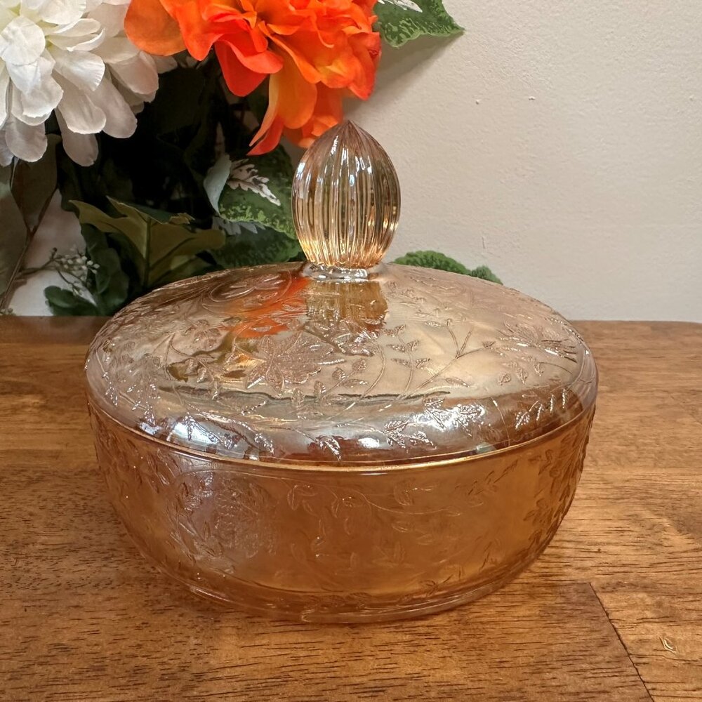 Jeannette Glass Floragold Louisa Iridescent Covered Candy Dish Depression‎ Glass